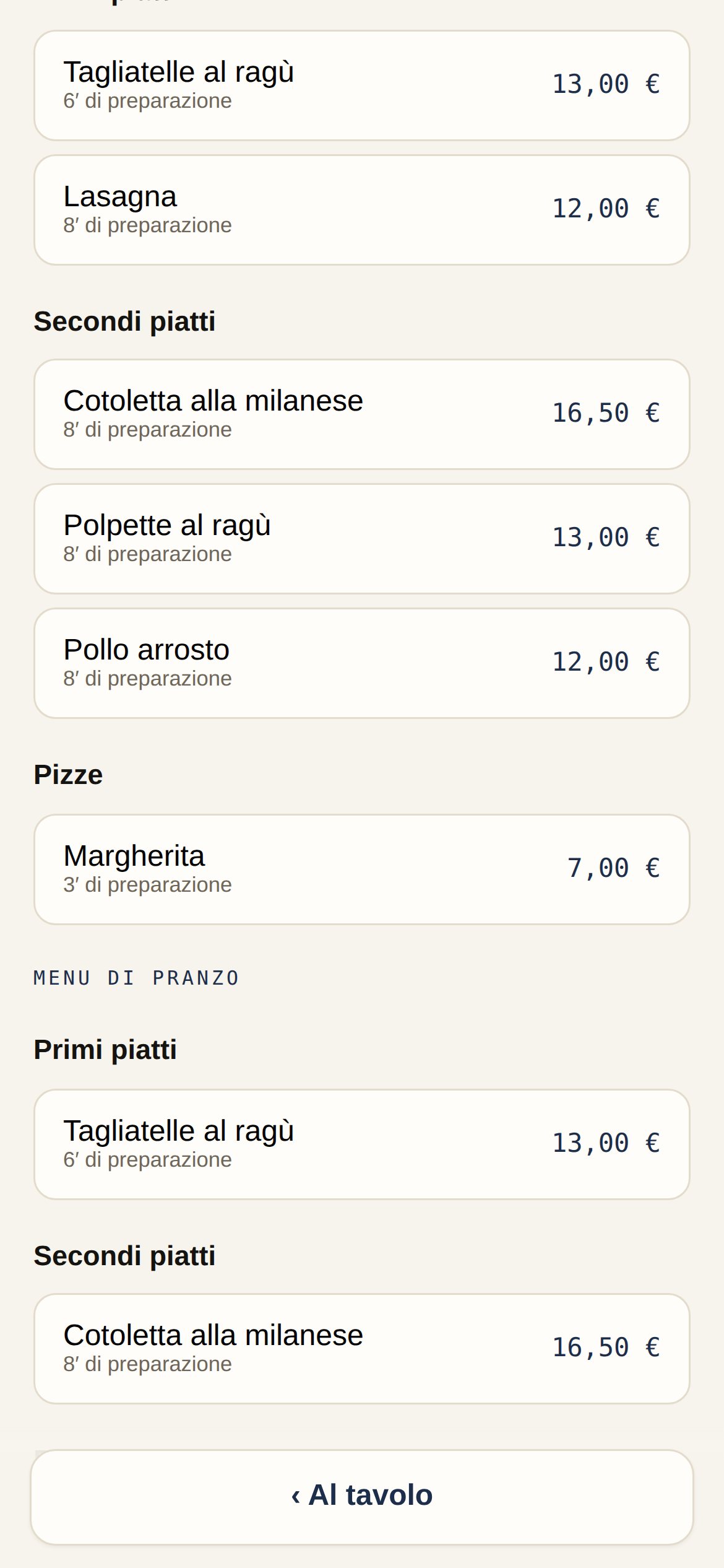 Il menu nell'app del cameriere: il menu della sera in servizio adesso e, sotto, quello di pranzo